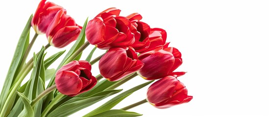 Poster - A close up isolated bunch of vibrant red tulips on a white background ideal for a copy space image with a springtime holiday photo concept