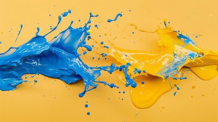 Wall Mural - Blue and yellow paint splashes colliding against a solid yellow background, creating a vibrant and dynamic abstract image.