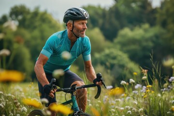 Wall Mural - Serene Spring Cycling: Man Finding Stress Relief in Countryside Ride, Wearing Teal Activewear