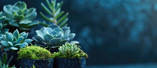 Poster - Isolated dark potted succulent and cactus plants with decorative moss with a background for copy space image