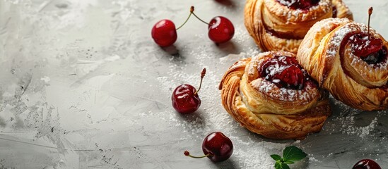 Aufkleber - Delicious pastries with cherry jam on a bright background with copy space image