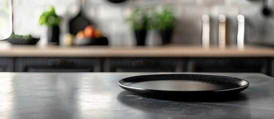 Aufkleber - Blurry kitchen backdrop complements black plate on steel table featuring copy space image
