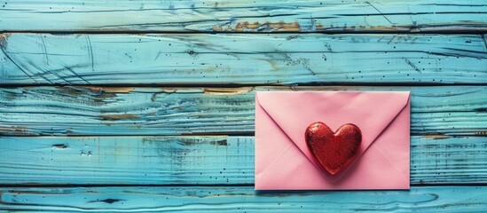 Poster - Composition for Valentine s Day birthdays weddings or other occasions A pink envelope with a red heart on a blue wooden backdrop offering copy space for text in a flat lay