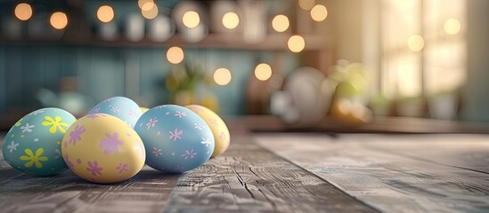 Wall Mural - Desk with Easter eggs arranged for display presenting a vibrant copy space image