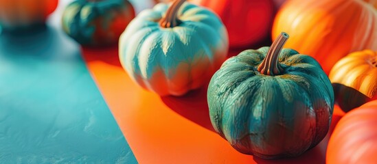 Poster - Diverse colored pumpkins set against a 3D blue and orange background with copy space image embodying a minimalist autumn abstract theme with selective focus