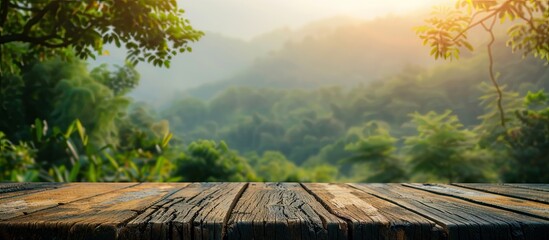 Poster - Blurry nature background with a table top creating copy space image