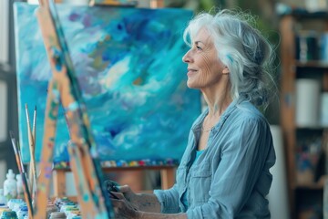 Wall Mural - Serene Senior Woman Painting in Studio - Azure Creative Mental Health Activity