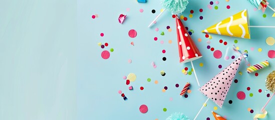 Poster - Flat lay composition with party accessories like hats confetti and blowers arranged on a light blue backdrop creating a festive setting with an available space for text. Creative banner