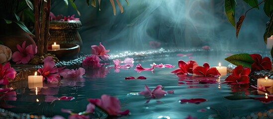Aufkleber - Dark lit spa scene adorned with exotic flowers providing a copy space image