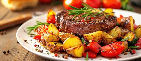 Wall Mural - Delicious beef steak plated with roasted potatoes and vegetables perfect for a copy space image