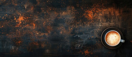 Poster - Top view of a cappuccino topped with milk on a dark wooden surface showcasing a free copy space image