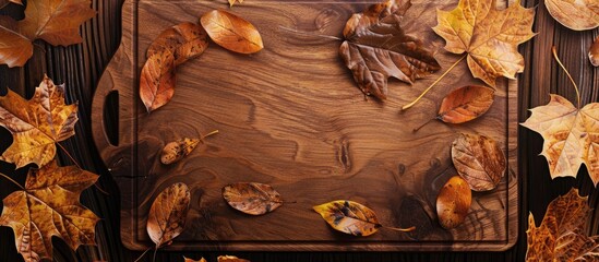 Aufkleber - Top view of autumn leaves on a wooden board with empty space for writing or images. Creative banner. Copyspace image