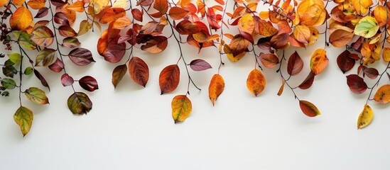 Aufkleber - Autumnal foliage arranged on a blank white surface providing empty space for images. Creative banner. Copyspace image