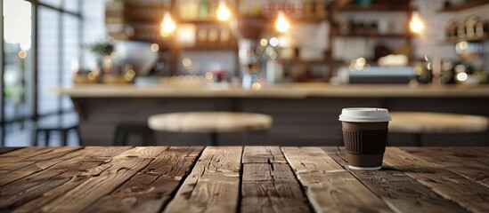 Aufkleber - Coffee shop background with bokeh showcasing an empty brown wooden table ideal for product display as it features copy space image for advertisements