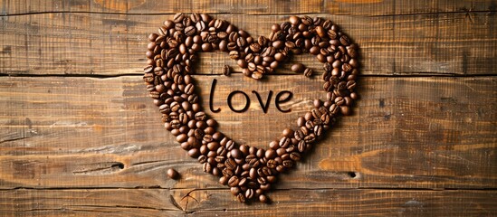 Aufkleber - Coffee beans arranged to form a heart shape and the word love on a wooden background with plenty of copy space image