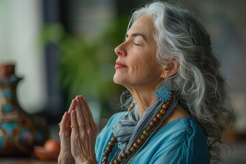 Wall Mural - Serene Senior Woman Practicing Mindful Eating for Stress Relief in Ultramarine Attire