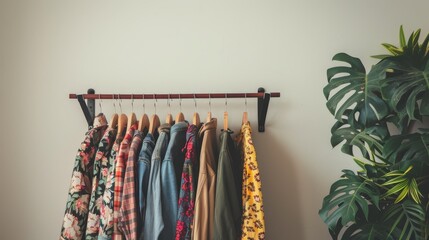 Wall Mural -  A rack of scarves adorns a wall next to a potted plant and a potted houseplant