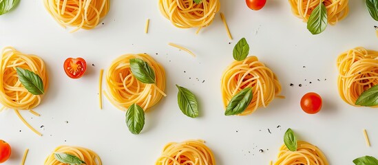Aufkleber - A top down view of homemade spaghetti with tomato and basil sauce on a white background creating an Italian pasta flat lay image. Creative banner. Copyspace image