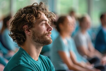 Wall Mural - Serene Man Practicing Mindfulness at Workshop in Spring Teal Attire