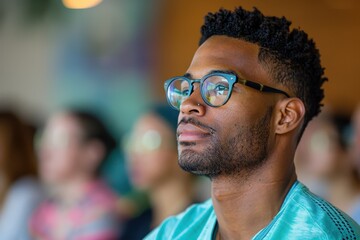 Canvas Print - Finding Inner Peace - Man Engaged in Mindfulness Workshop, Spring Teal Attire for Stress Relief Practice