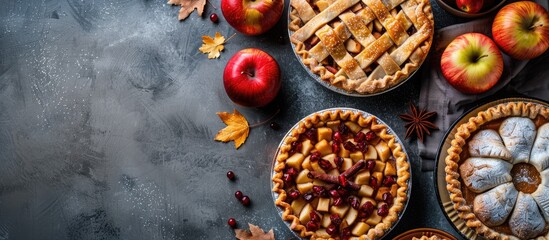 Poster - Top view of assorted Thanksgiving pies with pumpkins and apples showcasing copy space image Traditional fall apple and pumpkin pies for the autumn season holiday