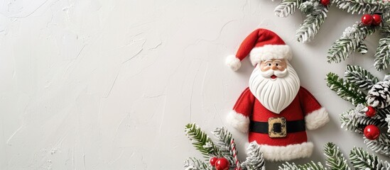 Sticker - A Christmas greeting card featuring a Santa Claus toy and fir branches on a plain white backdrop with copy space image