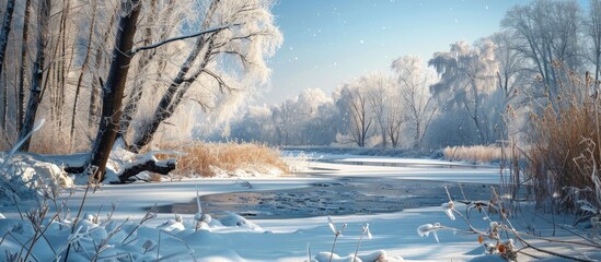 Aufkleber - The coldest season of the year known as winter where nature hibernates creates a serene backdrop for a copy space image