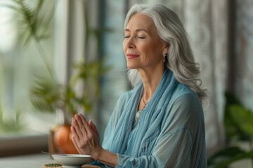 Wall Mural - Serene Senior Woman Practicing Mindful Eating for Stress Relief in Ultramarine Attire