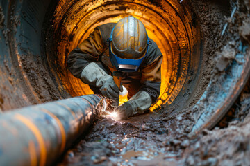 Wall Mural - A welder fixes a leak inside a huge old pipe. Background for design.