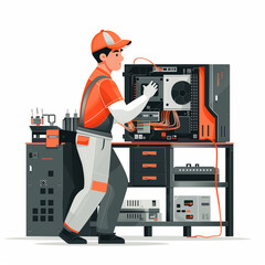 A man in an orange shirt is working on a computer. He is wearing a hard hat and is standing in front of a computer monitor