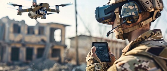 A soldier uses a modern FPV drone for surveillance, a person wears virtual reality cyber glasses during war or training