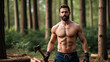 © yevhen89 - Handsome lumberjack macho man in forest, athletic man in his 30s with beard, bare torso and axe in his hands