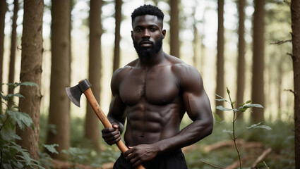 Black macho woodcutter in the forest, an athletic man with beard, bare torso and  axe in his hands