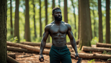 Black handsome woodcutter macho in forest, athletic man with beard, bare torso and axe in hand