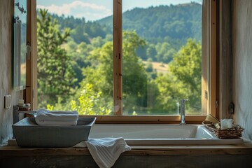 Wall Mural - Bathroom with a large window overlooking the mountains and the valley