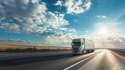 Poster - A white semi-truck drives down a highway on a sunny day. The sky is blue with white clouds and the horizon is open. Generative AI