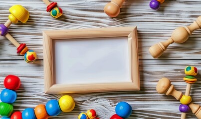 A wooden frame with a white background surrounded by colorful ba