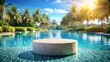 © Musarrof - Stone podium stand in luxury blue pool water. Summer background of tropical design product placement display. Hotel resort poolside backdrop.