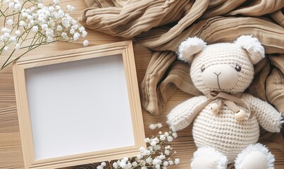 Wall Mural - A blank frame surrounded by baby accessories including a plush t