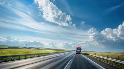 Poster - A red semi-truck drives down a rural highway on a sunny day, surrounded by green fields and fluffy white clouds against a bright blue sky. Generative AI