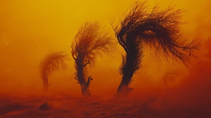  A few trees in the middle of a field with a yellow sky behind them