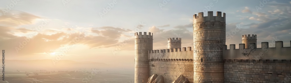 Medieval castle with majestic towers and battlements at sunrise ...