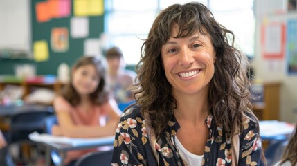 Wall Mural - A smiling teacher in the middle of a classroom, seeing her students in the background and teaching.