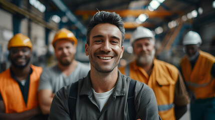 Wall Mural - Portrait of smiling factory worker in front of group of diverse workers