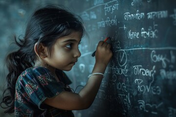 A little girl is writing a message on the blackboard.