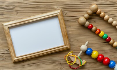 Wall Mural - A golden frame and colorful beads on a wooden surface