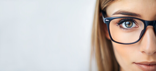 Close-up of the girl's face with glasses and space for text.