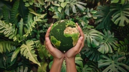 Wall Mural - Small Hands Holding Vibrant Earth Surrounded by Greenery