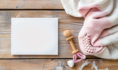 Wall Mural - A Blank Canvas Surrounded by Baby Accessories on Rustic Wooden B