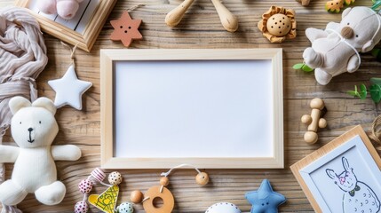 A blank frame surrounded by baby toys on a rustic wooden backgro